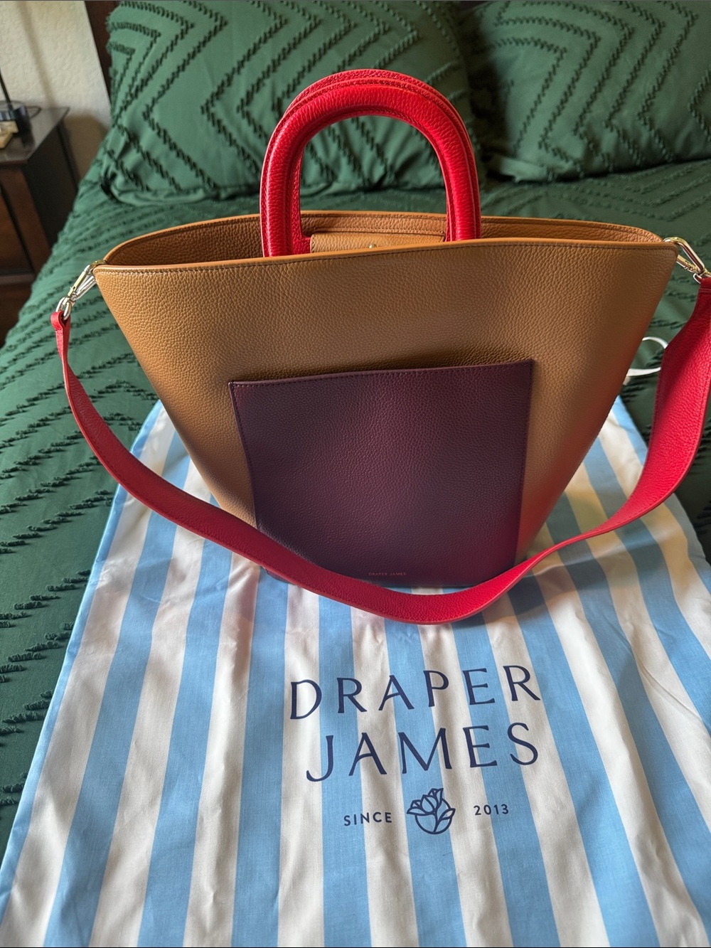 Draper James Tan Tote with Burgundy Pocket and Red Handles/Strap